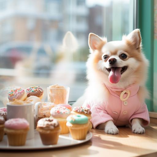 a heartwarming realistic photography of an adorable, happy, chubby cream Chihuahua, dressed in cute outfits, joyfully having donuts, at a donuts shop. summer. warm and natural lighting. in the style of anthropomorphic. --style raw --v 5.2