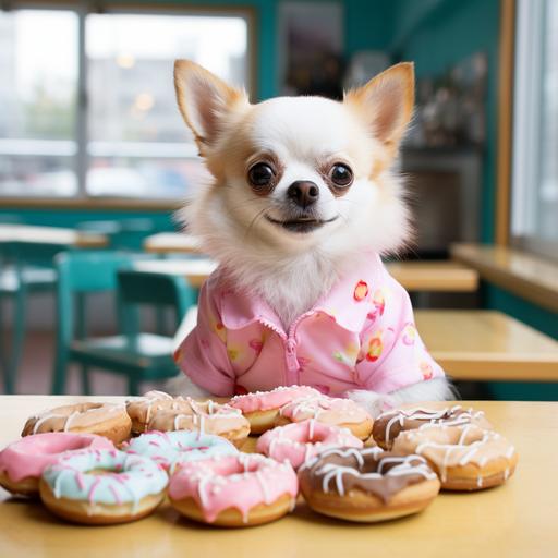 a heartwarming realistic photography of an adorable, happy, chubby cream Chihuahua, dressed in cute outfits, joyfully having donuts, at a donuts shop. summer. warm and natural lighting. in the style of anthropomorphic. --style raw --v 5.2