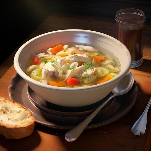 a lifelike image of a steaming small bowl of chicken soup with tender pieces of chicken, colorful vegetables, and a golden-brown garnish on top. in a white bowl, with slices of bread. --v 5.2