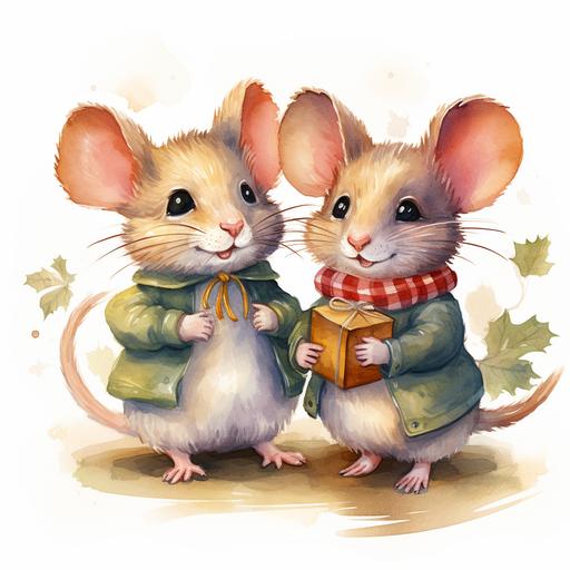 hand-drawn style illustration of 2 happy cute mice, gathering around the Christmas tree, in a watercolor design, in the style of realism with fantasy elements, flat shading, high resolution, commission for, toyen, charming characters, jessie arms botke --v 5.2