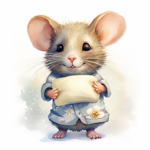 hand-drawn style illustration of a cute fluffy white pillow, the mouse holding, in a watercolor design, in the style of realism with fantasy elements, flat shading, high resolution, commission for, toyen, charming characters, jessie arms botke --v 5.2