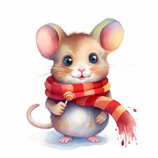 hand-drawn style illustration of a cute mouse, holding a stick of a Rainbow Swirl Lollipop::3 in his hand, in a watercolor design, in the style of realism with fantasy elements, flat shading, high resolution, commission for, toyen, charming characters, jessie arms botke --v 5.2