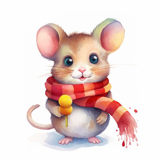 hand-drawn style illustration of a cute mouse with scarf, holding a stick of a Rainbow Swirl Lollipop::3 in his hand, in a watercolor design, in the style of realism with fantasy elements, flat shading, high resolution, commission for, toyen, charming characters, jessie arms botke --v 5.2