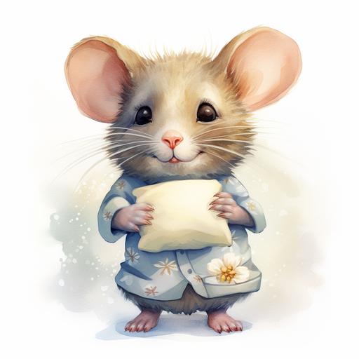 hand-drawn style illustration of a fluffy white pillow, the mouse holding, in a watercolor design, in the style of realism with fantasy elements, flat shading, high resolution, commission for, toyen, charming characters, jessie arms botke --v 5.2