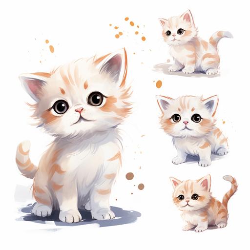 handwriting style illustrations of adorable baby cats, with extra small eyes, by a professional illustrator for stickers. the cats, with various playful poses and expressions. water paint. white background. --v 5.2