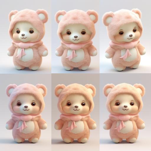 multiple photos of adorable baby teddy bears, various face expressions, with its eyes closed, wearing cute pastel-colored outfits. 3d render. --v 5.2