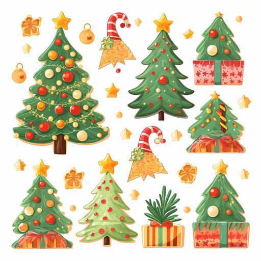realistic images of variety of cute Christmas party decorations, such as Christmas tree and etc., stickers. white background --no balloon --v 5.2