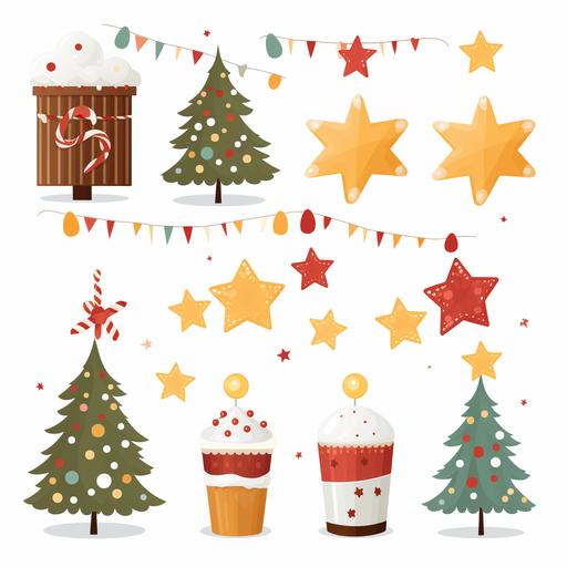realistic images of variety of cute Christmas party decorations, such as Christmas tree and etc., stickers. white background --no balloon --v 5.2