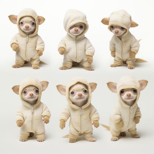 realistic photo of humanified adorable cream baby chihuahua, dressed in a cute all-in-one, multiple poses and expressions, white background. in the style of canine version Brambly Hedge. --v 5.2