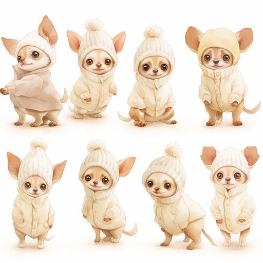 realistic photo of humanified adorable cream baby chihuahua, dressed in a cute all-in-one, multiple poses and expressions, white background. in the style of canine version Brambly Hedge. --niji 5