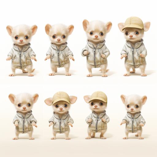 realistic photo of humanified adorable cream baby chihuahua, dressed in a cute all-in-one, multiple poses and expressions, white background. in the style of canine version Brambly Hedge. --v 5.2