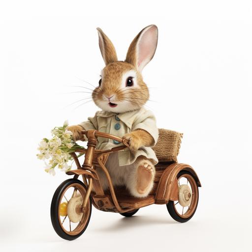 realistic photograph of an adorable anthropomorphic baby rabbit, in the style of Brambly Hedge, riding a tricycle for kids, the feet on the pedals, 4k, white background. --v 5.2