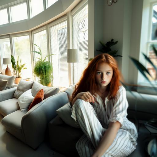 the girl wearing relaxed summer clothes, sitting on the sofa. Camera Model: Canon EOS 5D Mark IV, Mode: Manual Mode, Aperture: F2.8, Shutter Speed: 1/250 second, ISO Sensitivity: 200, Exposure Compensation:  0.3, Focal Length: 50mm, White Balance: Auto, RAW Format: RAW --v 5.2