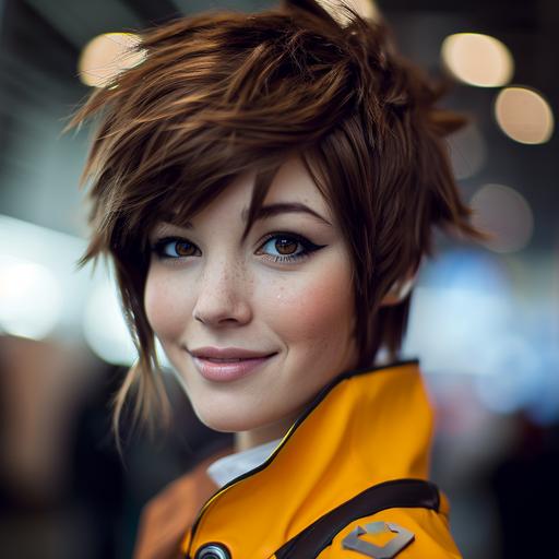 2010 Jennifer Lawrence doing a cosplay of Tracer from the game Overwatch. very accurate character cosplay, very accurate character brown spiky wig. accurate face of 2010 Jennifer Lawrence. Smiling, happy. Photo taken at an anime convention. 8k, award - winning photography, ultra - photorealistic. Modern, very detailed, Portrait, full body shot, candid. ACTORS: person, CAMERA MODEL: Canon EOS R5, --v 6.0