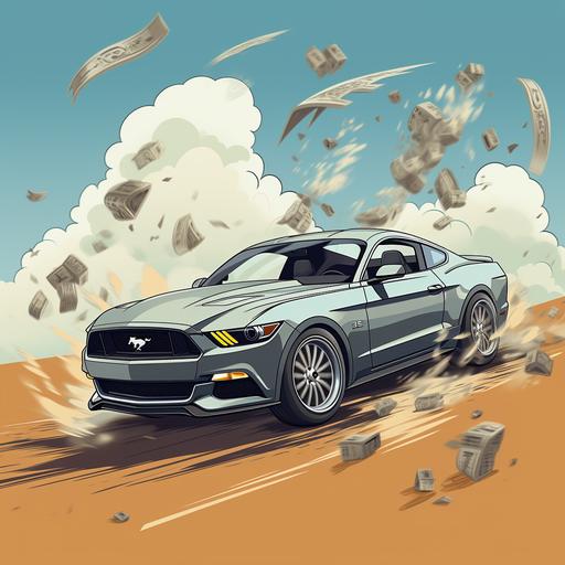 2017 Grey Mustang doing donuts and money flying out the window cartoon style