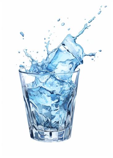 a half cup of water with ice being filled with more water, action shot, minimal on a white background, anime sketch, low poly art --ar 63:88