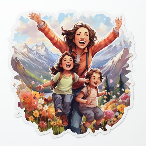 Super Mom Sticker, Strength and Smiles, Watercolor, Warm Colors, Mom Lifting a Mountain of Tasks with a Single Hand, Kids Cheering, White Border, --ar 1:1 --s 300