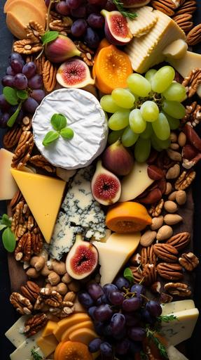 a delicious overflowing cheese platter - shot instragram style from above on a beautifully styled platter. Modern styling in a modern kitchen. Include a colourful array of nibbles from dried fruits, figs, grapes and cheeses. Focus on a an abundant range of nuts incuding walnuts, cashews and almonds. Make the nuts look super delicous and make the nuts the focus. Have a highlight of green herbs dotted on the platter. Include an antique silver cheese knife resting on the platter. The mood is fresh and bright. The style is like the imagery from The Gourmand. Sony Alpha a7R IV, --ar 9:16