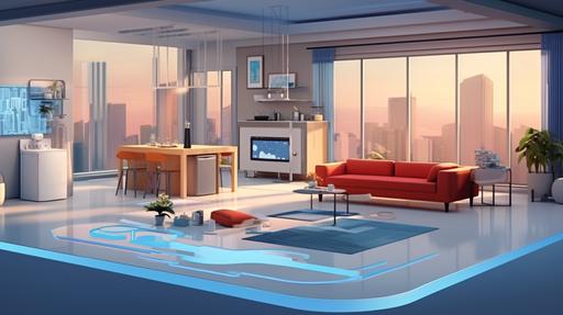 [20231107180120859000393323]  The center of the image features a flat, sleek smartphone projecting a 3D virtual reality representation of a modern, stylish living space. The space is filled with natural light, with clean lines and minimalist decor. The kitchen area features state-of-the-art appliances, while the living area is centered around a comfortable, oversized couch. The bedroom is cozy and inviting, with soft lighting and plush bedding. The balcony offers stunning views of the surrounding cityscape. The overall style is a blend of light luxury and modern minimalism, with a touch of Nordic influence. The image is captured with a telephoto lens, with a shallow depth of field and subtle background blur, giving it a cinematic quality. --chaos 0 --aspect 16:9 --v 5.2