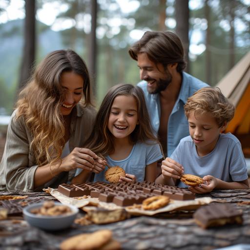 A family of 4 people eating chocolate biscuits and happy Mother-Father-Dad-Daughter-boys 15-16 years old camping tent in the back, there are chocolate biscuits on a log, they eat them laughing. The biscuit should be chocolate coloured and round in shape. The mother should close her eyes and make a happy expression while eating the biscuit. The girl has black hair and is wearing a light blue t-shirt. There is a tent in the background, the colours of the photographs should be bright and vivid. There is a camp table in front of them and there are biscuits on the table. The purpose of the image is to remind of the simple happiness of the family and to make them smile. the family looks like turks very realistic --v 6.0 --s 750