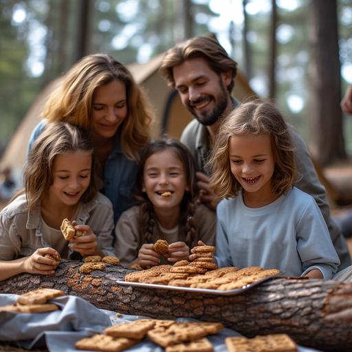 A family of 4 people eating chocolate biscuits and happy Mother-Father-Dad-Daughter-boys 15-16 years old camping tent in the back, there are chocolate biscuits on a log, they eat them laughing. The biscuit should be chocolate coloured and round in shape. The mother should close her eyes and make a happy expression while eating the biscuit. The girl has black hair and is wearing a light blue t-shirt. There is a tent in the background, the colours of the photographs should be bright and vivid. There is a camp table in front of them and there are biscuits on the table. The purpose of the image is to remind of the simple happiness of the family and to make them smile. the family looks like turks very realistic --v 6.0 --s 750