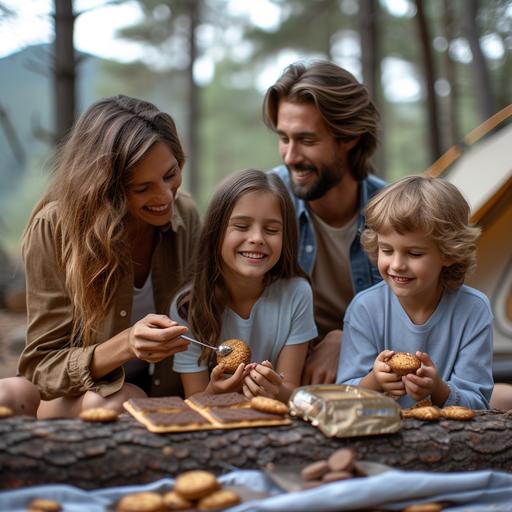 A family of 4 people eating chocolate biscuits and happy Mother-Father-Dad-Daughter-boys 15-16 years old camping tent in the back, there are chocolate biscuits on a log, they eat them laughing. The biscuit should be chocolate coloured and round in shape. The mother should close her eyes and make a happy expression while eating the biscuit. The girl has black hair and is wearing a light blue t-shirt. There is a tent in the background, the colours of the photographs should be bright and vivid. There is a camp table in front of them and there are biscuits on the table. The purpose of the image is to remind of the simple happiness of the family and to make them smile. the family looks like turks very realistic --v 6.0 --s 750