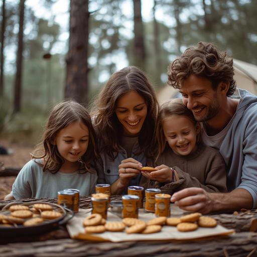 A family of 4 people eating chocolate biscuits and happy Mother-Father-Dad-Daughter-boys 15-16 years old camping tent in the back, there are chocolate biscuits on a log, they eat them laughing. The biscuit should be chocolate coloured and round in shape. The mother should close her eyes and make a happy expression while eating the biscuit. The girl has black hair and is wearing a light blue t-shirt. There is a tent in the background, the colours of the photographs should be bright and vivid. There is a camp table in front of them and there are biscuits on the table. The purpose of the image is to remind of the simple happiness of the family and to make them smile. the family looks like turks very realistic --v 6.0 --s 750