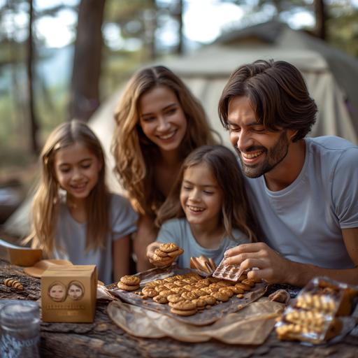 A family of 4 people eating chocolate biscuits and happy Mother-Father-Dad-Daughter-boys 15-16 years old camping tent in the back, there are chocolate biscuits on a log, they eat them laughing. The biscuit should be chocolate coloured and round in shape. The mother should close her eyes and make a happy expression while eating the biscuit. The girl has black hair and is wearing a light blue t-shirt. There is a tent in the background, the colours of the photographs should be bright and vivid. There is a camp table in front of them and there are biscuits on the table. The purpose of the image is to remind of the simple happiness of the family and to make them smile. the family looks like turks very realistic --v 6.0 --s 750