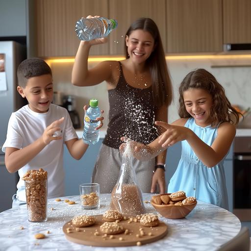 A very realistic photo. mum and 15-16 year old young kids playing and having fun in the kitchen and one of the kids is throwing the water bottle in the air. mum and kids are wearing tshirt on their clothes let their clothes be sporty and casual blue tshirt on mum. On the table there is a round snack of chocolate biscuit products. in the kitchen The background is light blue, the colours are vibrant. The purpose of the image is to emphasise friendship and fun and to attract attention. Looks like a Turk --v 6.0 --s 750
