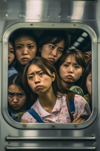 2024, Tokyo, summer morning, crazy rush hour packed train, diverse sweaty idol girls pressed against each other, all dressed in fresh pastel colors, anguished expressions, telephoto lens shot, Sony Alpha 7R 300mm F1.2,32k --ar 2:3 --q 2 --s 750