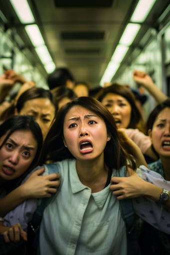 2024, Tokyo, summer morning, crazy rush hour packed train, diverse sweaty idol girls pressed against each other, all dressed in fresh pastel colors, anguished expressions, telephoto lens shot, Sony Alpha 7R 300mm F1.2,32k --ar 2:3 --q 2 --s 750