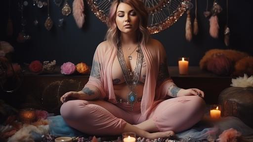 medium shot hyperrealistic photo of a overweight plus-size woman, sat in the lotus position with crystals in her hand, she is wearing casual loungewear, she appears edgy, alternative, rebellious, cool in pale pinks, amber and blue, grey. Her face is natural with dark circles under her eyes, imperfections in her skin with pimples, nose ring, she looks tired, messy hair, messy bun. Light amber, pastel pink and earth tones, light and bright. emotional depth. Pink glow. Background: Living room, boho, minimal, minimal, with pinks, earth tones. bright, light and airy. Emphasisers: CinemaCore. PinkCore. Camera: Shot on Hasselblad medium format camera. Carl Zeiss Distagon t* 15mm f/2.8 ze, Ricoh r1. --v 5.2 --s 250 --ar 16:9