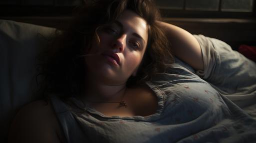 wide shot ultra realistic photo realism of OVERWEIGHT brunette middle aged woman laying down in a bed, upset, frowning, face down. As the light from the window softly lights her face you can see fine wrinkles, red pimple spots, dark circles under eyes, looks disconnected and isolated from the world around her. her hair is dishevelled, messy and wearing fashionable pajamas. Background: modern scandi bedroom in pink, blue, orange earth tones. cups and rubbish on the bedroom side tables. Emphasisers: CinemaCore. PinkCore. Camera: Shot on Hasselblad medium format camera. Carl Zeiss Distagon t* 15mm f/2.8 ze, Ricoh r1. --v 5.2 --s 250 --ar 16:9