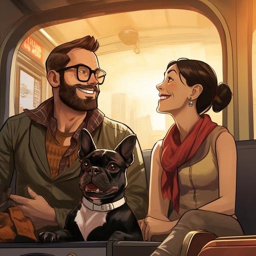 cartoon of a boston terrier and a man with beard and woman with brown hair, discussing with enthusiasm of their next travel trip