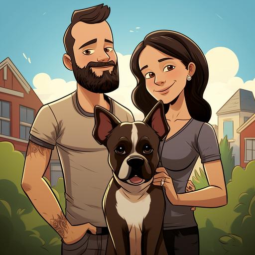 cartoon of a boston terrier black and white petting by a man with beard and woman with brown hair