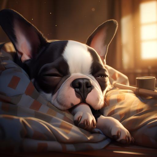 pixar, cartoon, realistic, boston terrier sleeping on cushion, warm mood