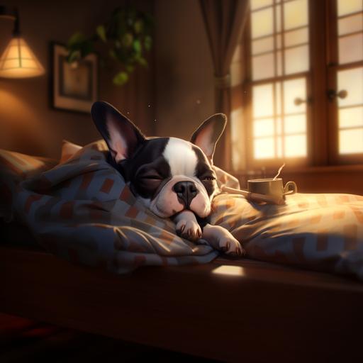 pixar, cartoon, realistic, boston terrier sleeping on cushion, warm mood