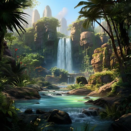 pixar, cartoon, realistic, waterfall, jungle, australie