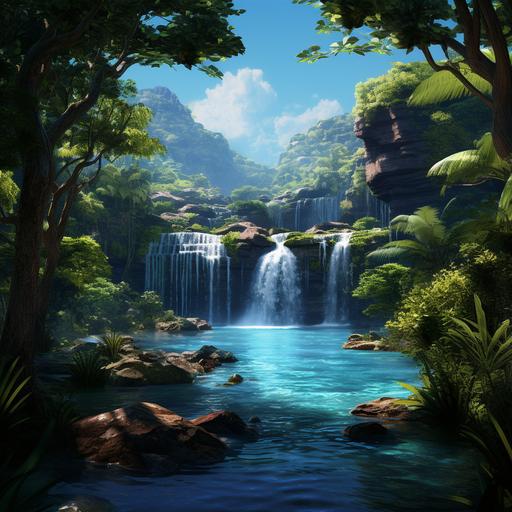 pixar, cartoon, realistic, waterfall, jungle, australie, source, blue water, lagoon