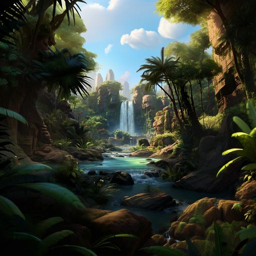 pixar, cartoon, realistic, waterfall, jungle, australie