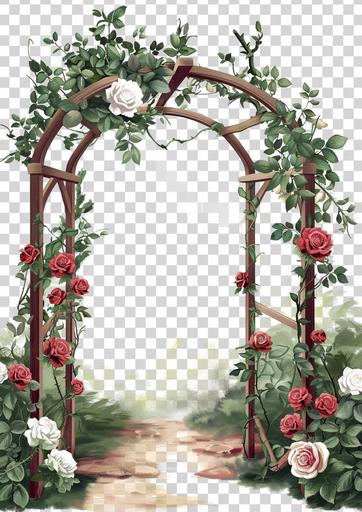 a country rose garden wooden arch way with red and white roses, in the style of water color, transparent background --v 6.0 --ar 5:7