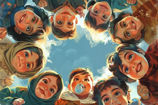 comicbook illustration A group of Iranian Baby with pacifier in a circle, in a happy and optimistic style, low angle, Union of modern artists, Iranian urban life, smiling faces, events --ar 125:83 --v 6.0