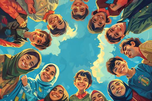 comicbook illustration A group of Iranian Children, infants and teenage students in a circle, in a happy and optimistic style, low angle, Union of modern artists, Iranian urban life, smiling faces, events --ar 125:83 --v 6.0