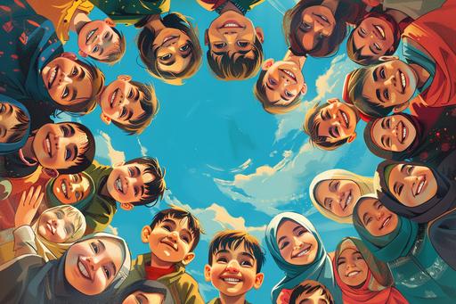 comicbook illustration A group of Iranian Children, infants in a circle, in a happy and optimistic style, low angle, Union of modern artists, Iranian urban life, smiling faces, events --ar 125:83 --v 6.0