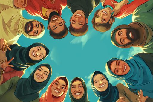 comicbook illustration A group of Iranian Muslim woman wearing a black veil in a circle, in a happy and optimistic style, low angle, Union of modern artists, Iranian urban life, smiling faces, events --ar 125:83 --v 6.0