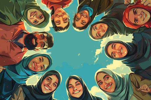 comicbook illustration A group of Iranian Muslim woman wearing a black veil in a circle, in a happy and optimistic style, low angle, Union of modern artists, Iranian urban life, smiling faces, events --ar 125:83 --v 6.0