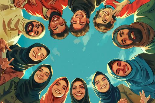 comicbook illustration A group of Iranian Muslim woman wearing a black veil in a circle, in a happy and optimistic style, low angle, Union of modern artists, Iranian urban life, smiling faces, events --ar 125:83 --v 6.0