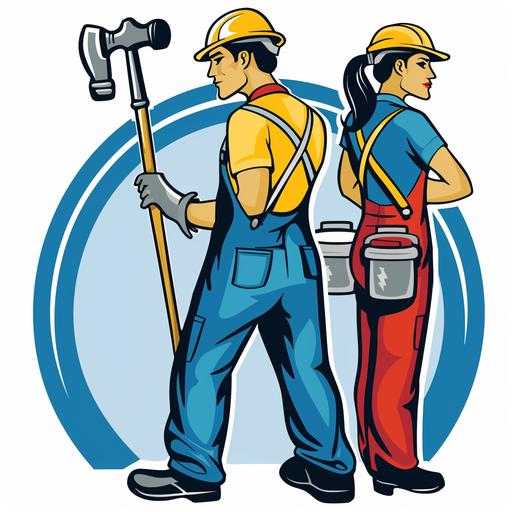 construction man holding hammer facing back to back with cleaning lady holding cleaning tool company logo clipart