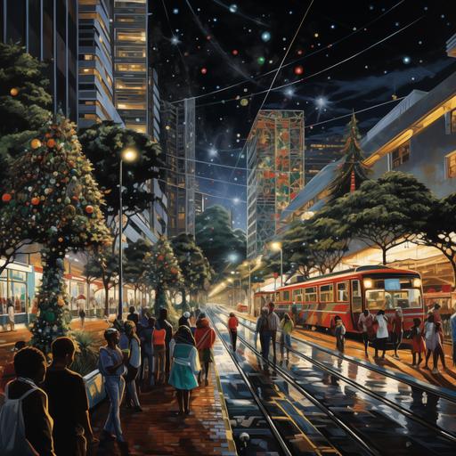 2084 Christmas in DURBAN, SOUTH AFRICA, a downtown scene at 7:30 PM, Bustling Crowds, neon lighted christmas decorated streets, flying cars, Monorail trains and glitter. In the styleof Kehinde Wiley--ar 16:9