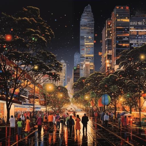 2084 Christmas in DURBAN, SOUTH AFRICA, a downtown scene at 7:30 PM, Bustling Crowds, neon lighted christmas decorated streets, flying cars, Monorail trains and glitter. In the styleof Kehinde Wiley--ar 16:9